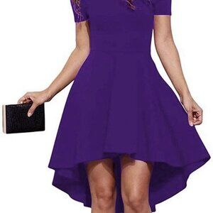 Stretch Purple Dress Off Shoulder Short Sleeve High/low Cocktail Skater Dress L